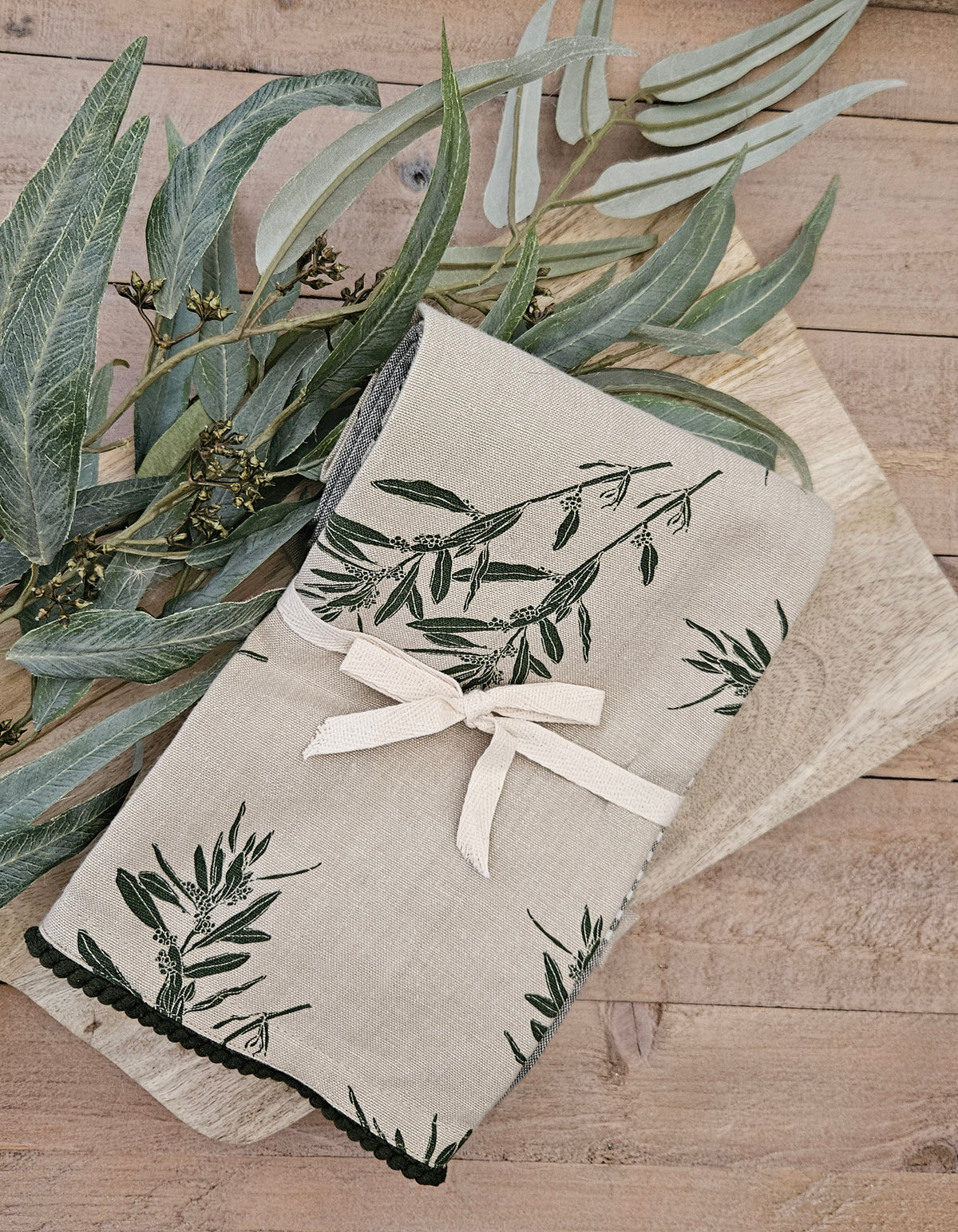 Olive stem botanical print cotton tea towels