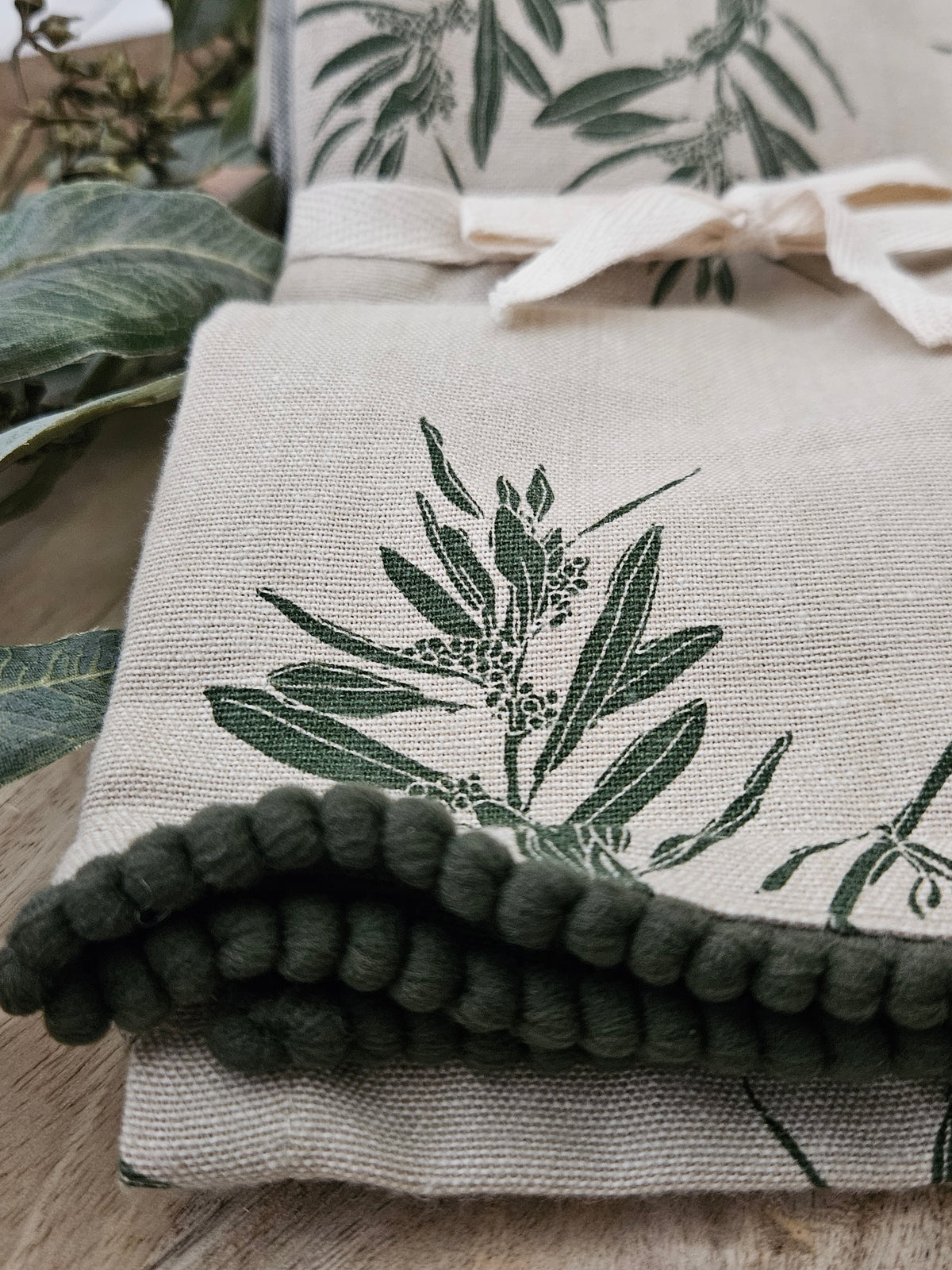 Olive stem botanical print cotton tea towels
