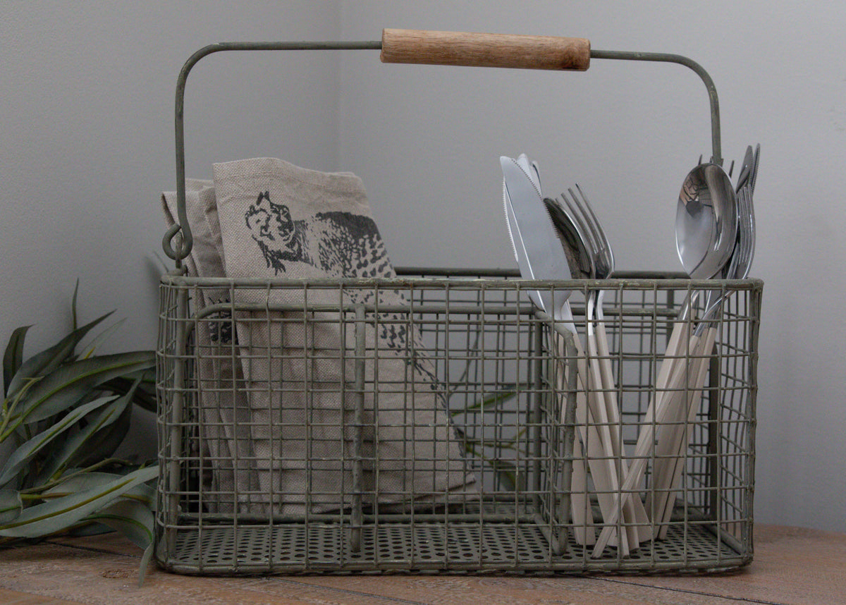 Rustic wire cutlery basket for kitchen or dining table