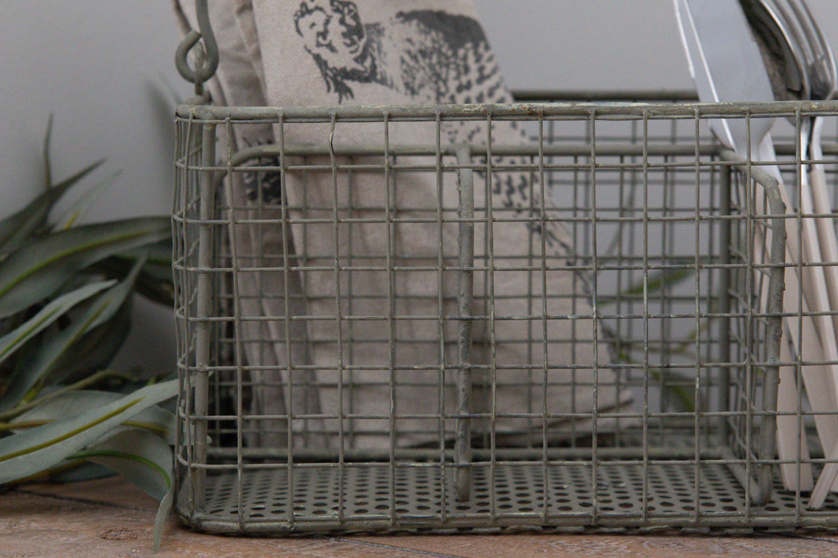 Rustic wire cutlery basket for kitchen or dining table
