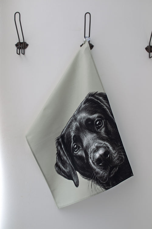 Black labrador illustrated cotton tea towel