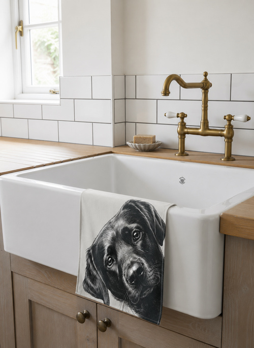 Black labrador illustrated cotton tea towel