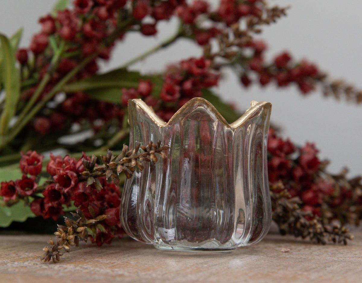 Decorative glass tealight holder with gold trim detail